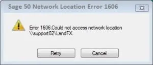 Sage 50 error 1606 could not access network location